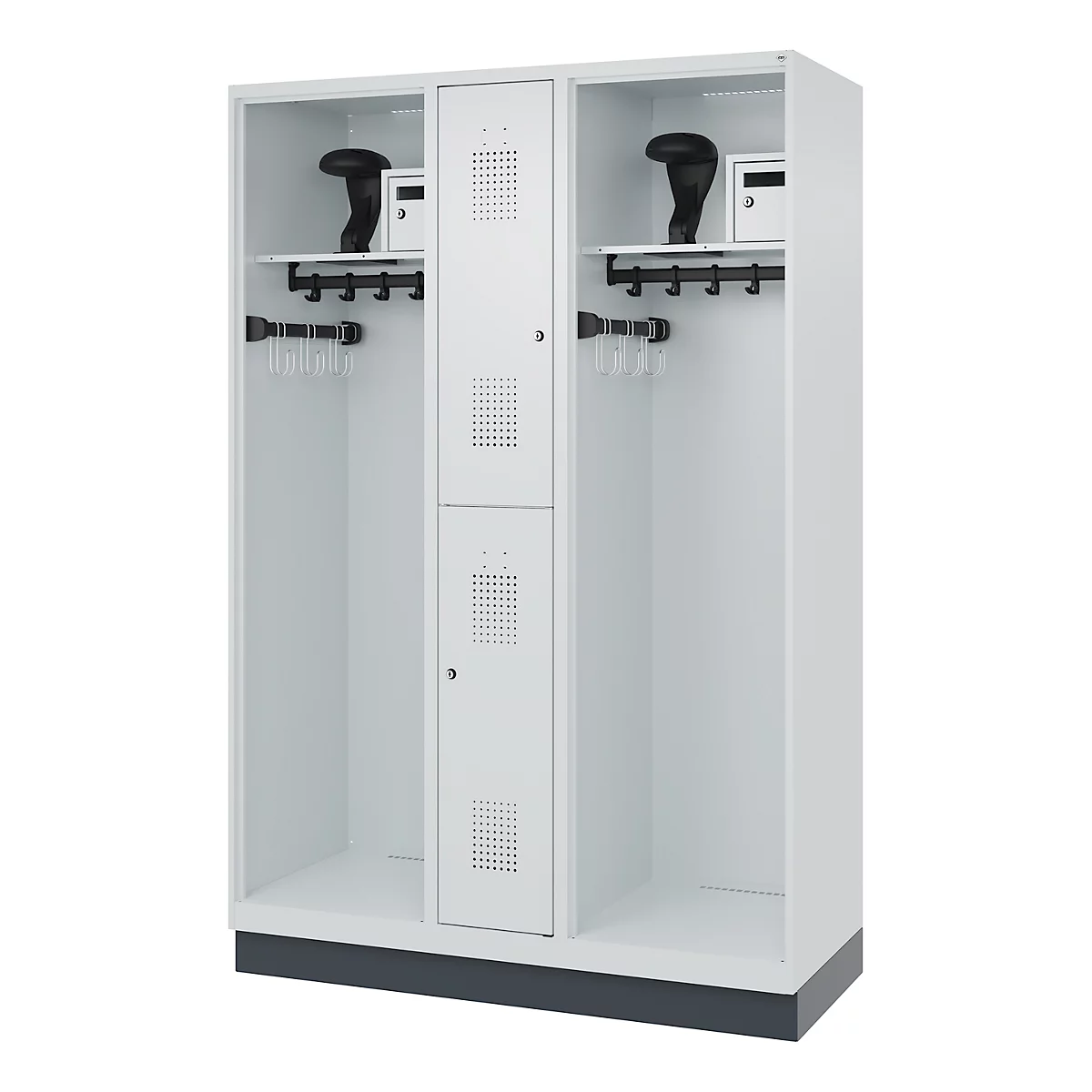 White locker with two compartments, shelf, hooks, and lockers. Helmets and lockers on top.