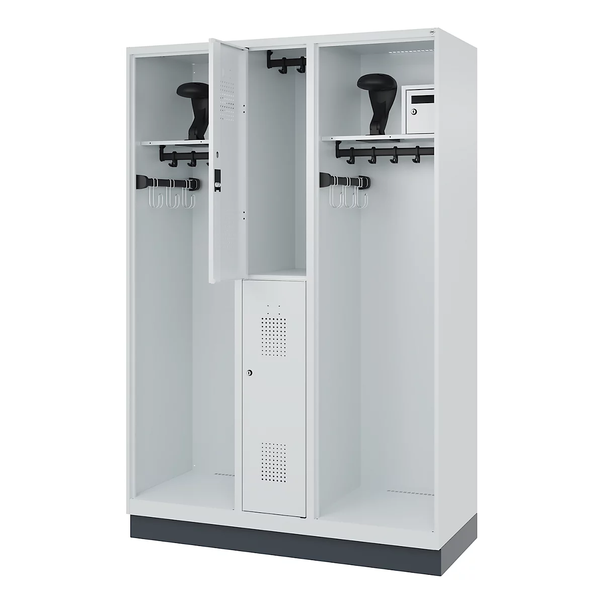 White locker with three compartments, open compartment, and coat hooks. Helmets stored on top.