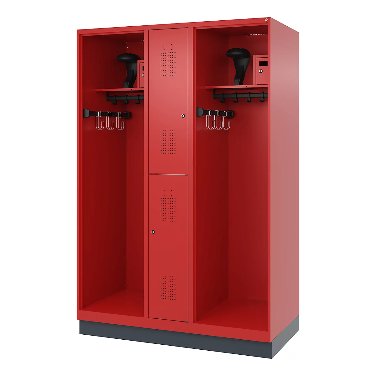 Red locker with three compartments. Coat hooks, shelves, and ventilation holes are visible.