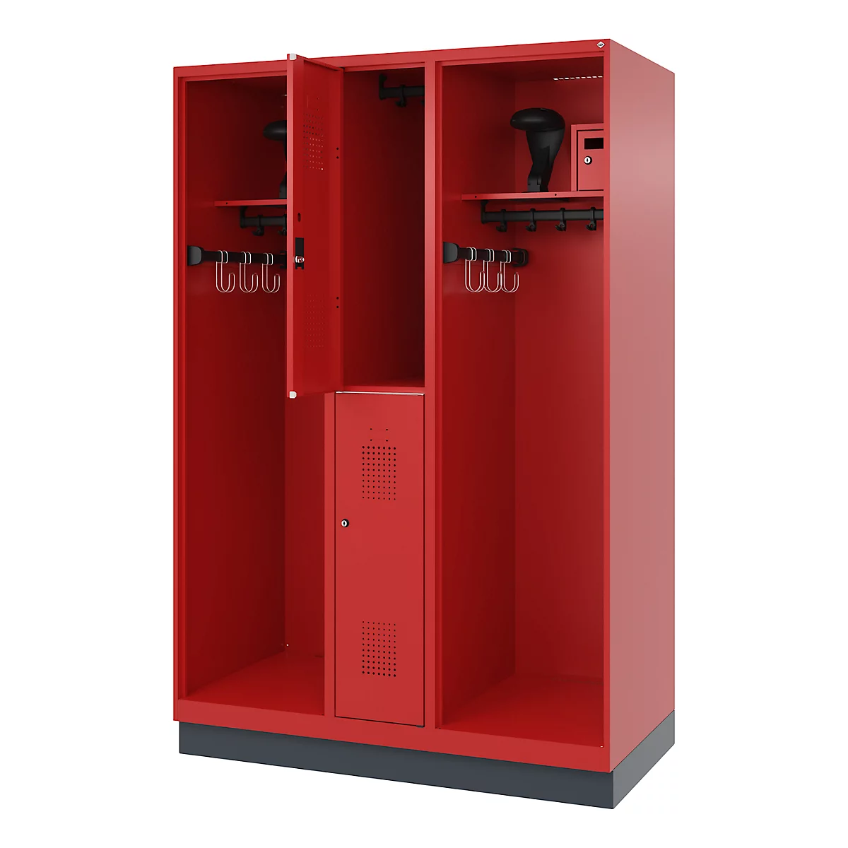 Red locker with three compartments, partially open. Hook strips and shelves are visible.