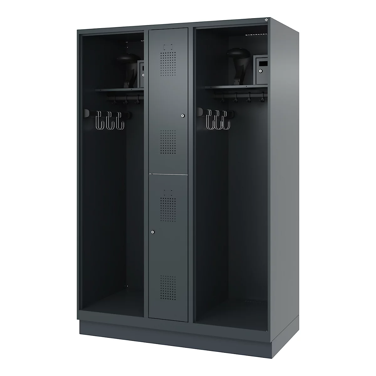 Dark gray locker with three compartments, hook rails, and shelves. One locker compartment contains a helmet.