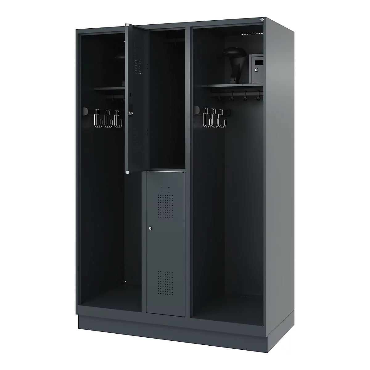 Grey locker with open door, hooks and a safe.
