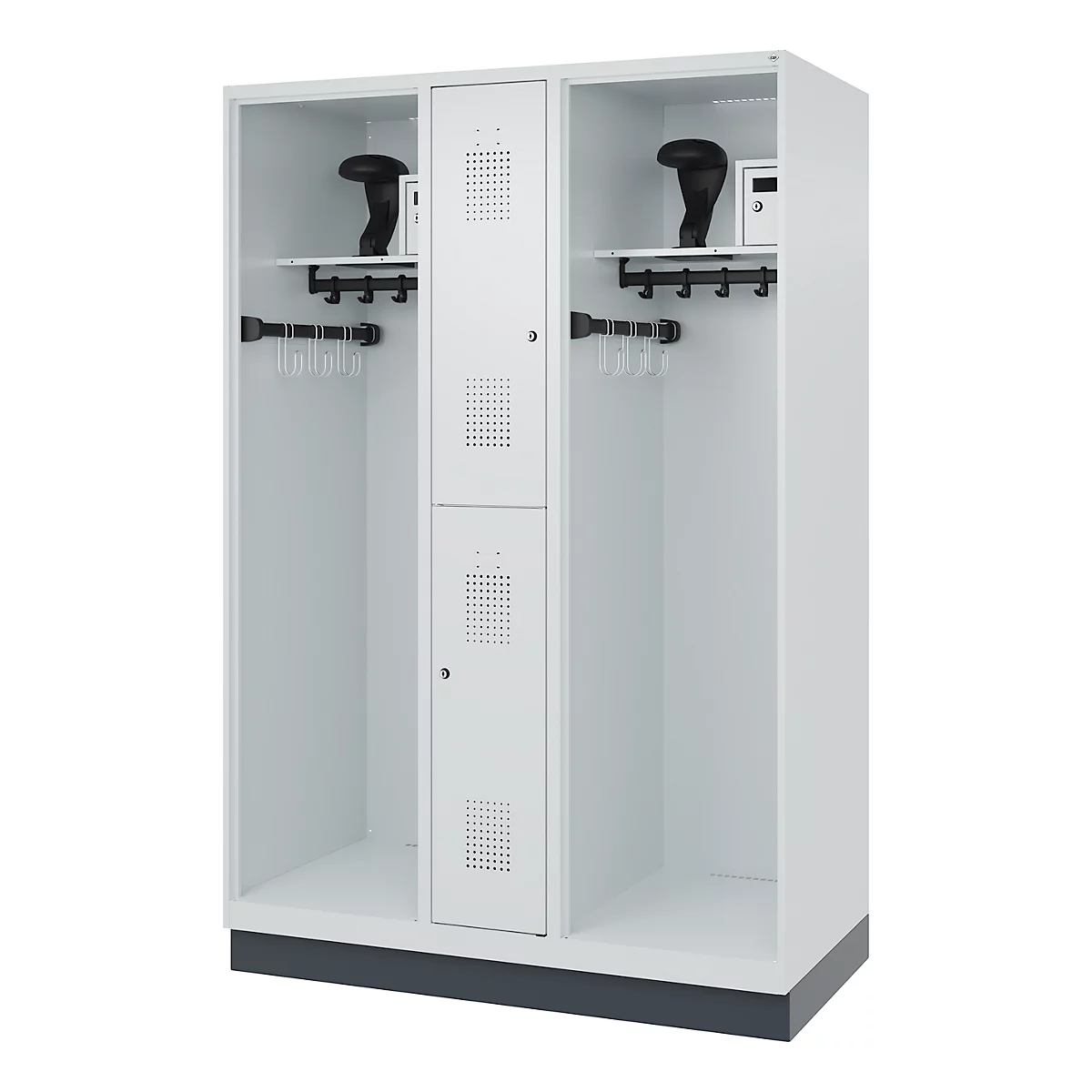 White locker with compartments and accessories. Helmets and a safe are visible at the top, below are coat hooks and hangers.