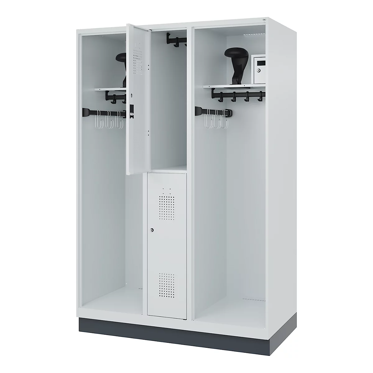 White, three-part locker with open door. Hooks, shelves, and a safe are visible.