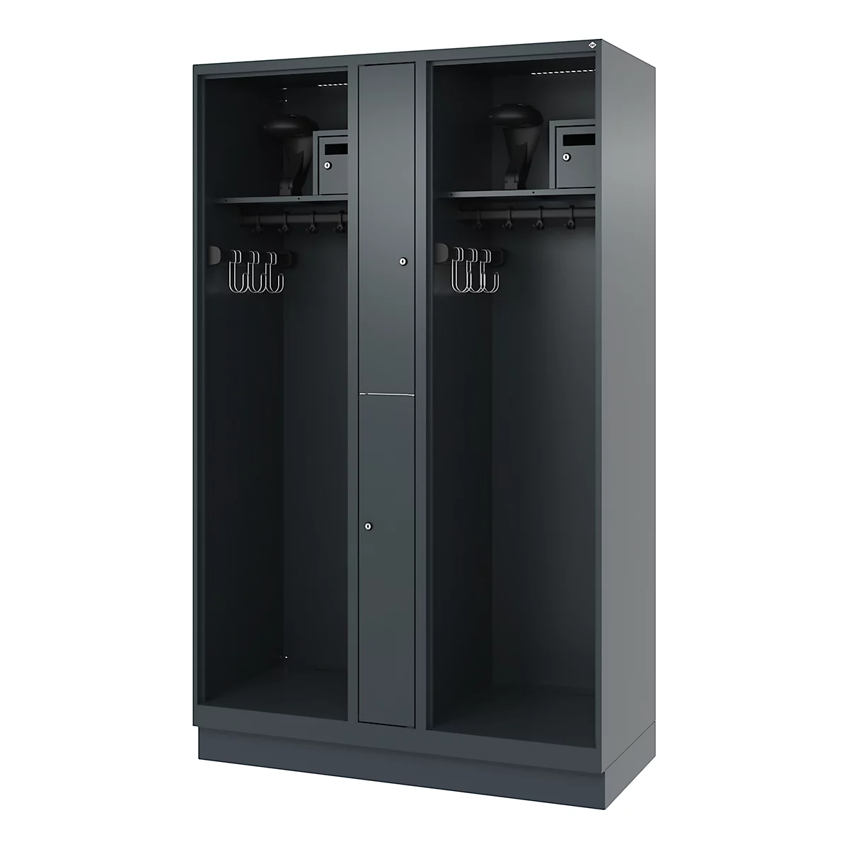 Dark gray locker with two compartments, each with hooks, shelf, safe, and ventilation.