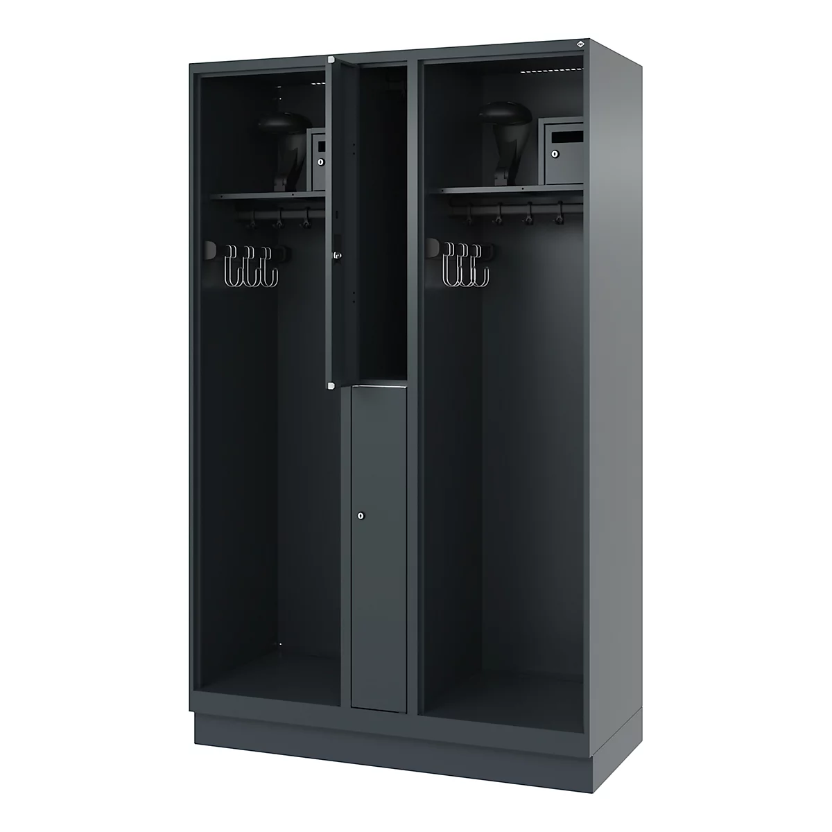 Dark grey locker with three compartments. Two compartments have coat hooks and shelves with small safes. The middle compartment is narrow and has a lockable door.