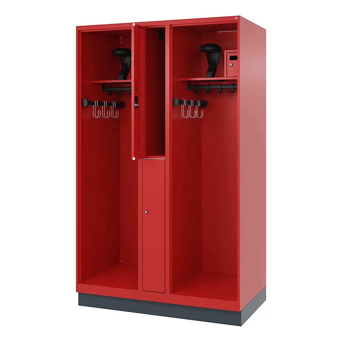 Red locker with open doors. Inside, shelves, coat hooks and a small locker. On the shelf are black objects.