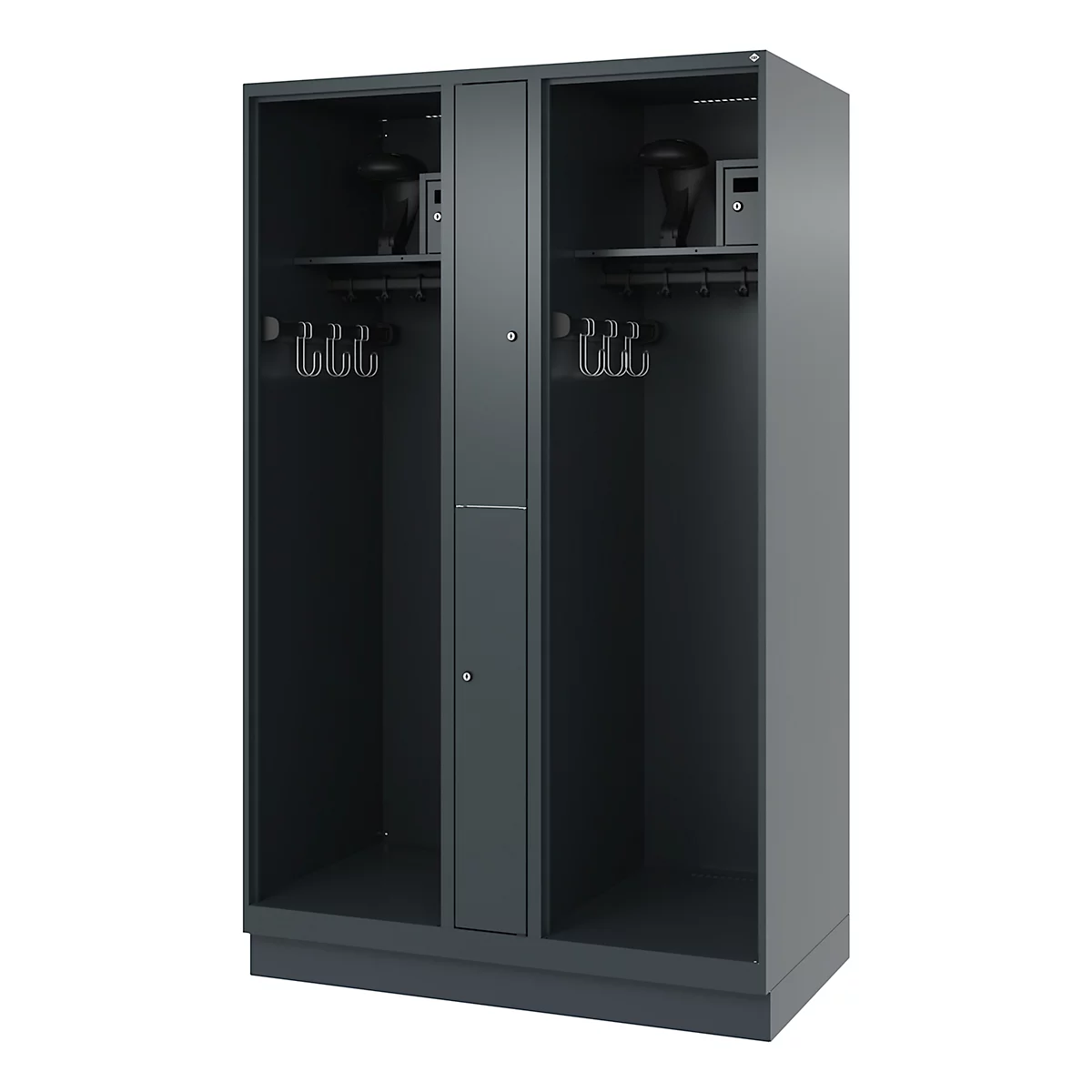 Dark gray locker with 2 compartments, clothes hooks, shelves, 2 helmets and a safe.