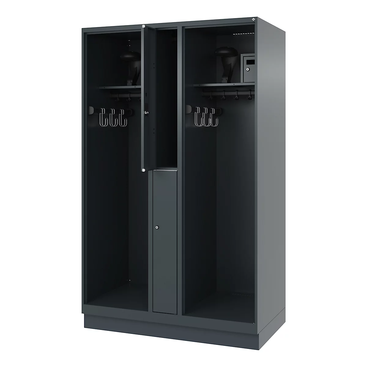Dark grey cabinet with three compartments, coat hooks and a safe. One cabinet compartment is open.