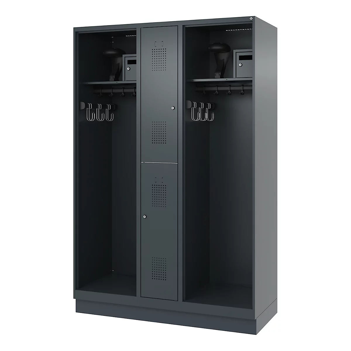 Gray locker with three compartments. Each compartment has hooks, a shelf, and a smaller cabinet.