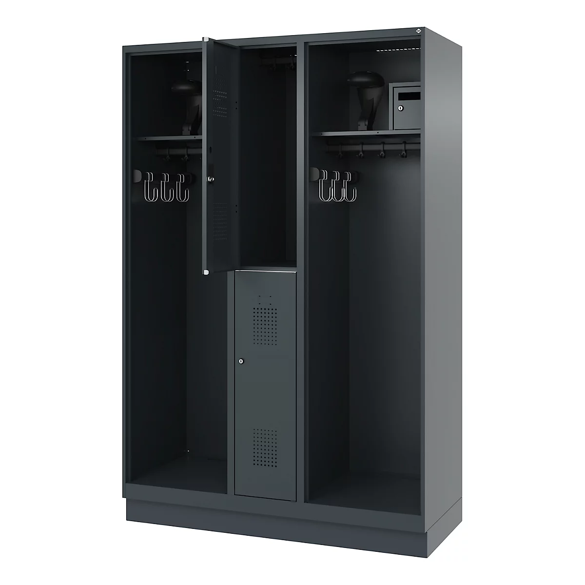 Gray locker, one door open. The compartments have shelves, hooks, and a safe.