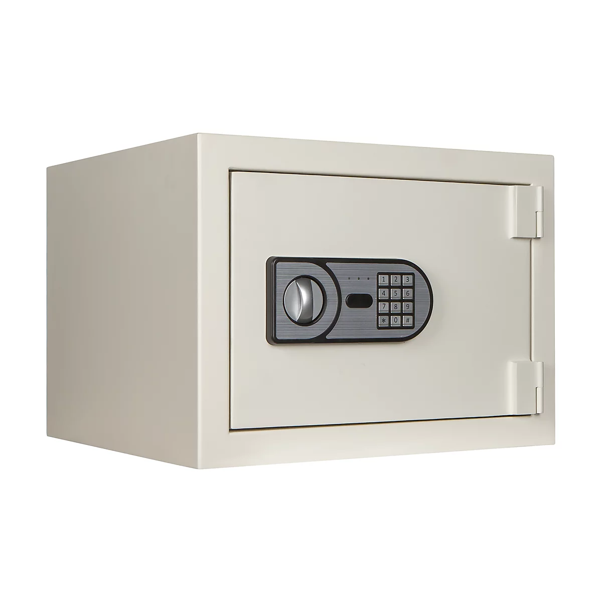 A cream-colored safe with a combination lock and knob on a white background.