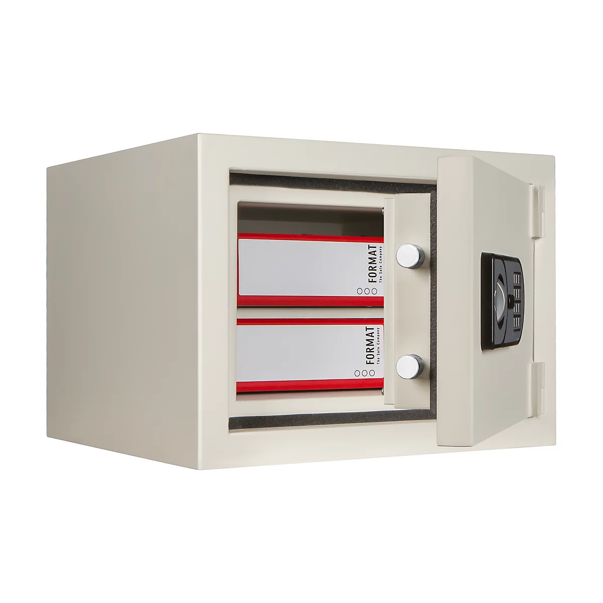An open beige safe with two compartments filled with paper documents. The safe says "FORMAT".