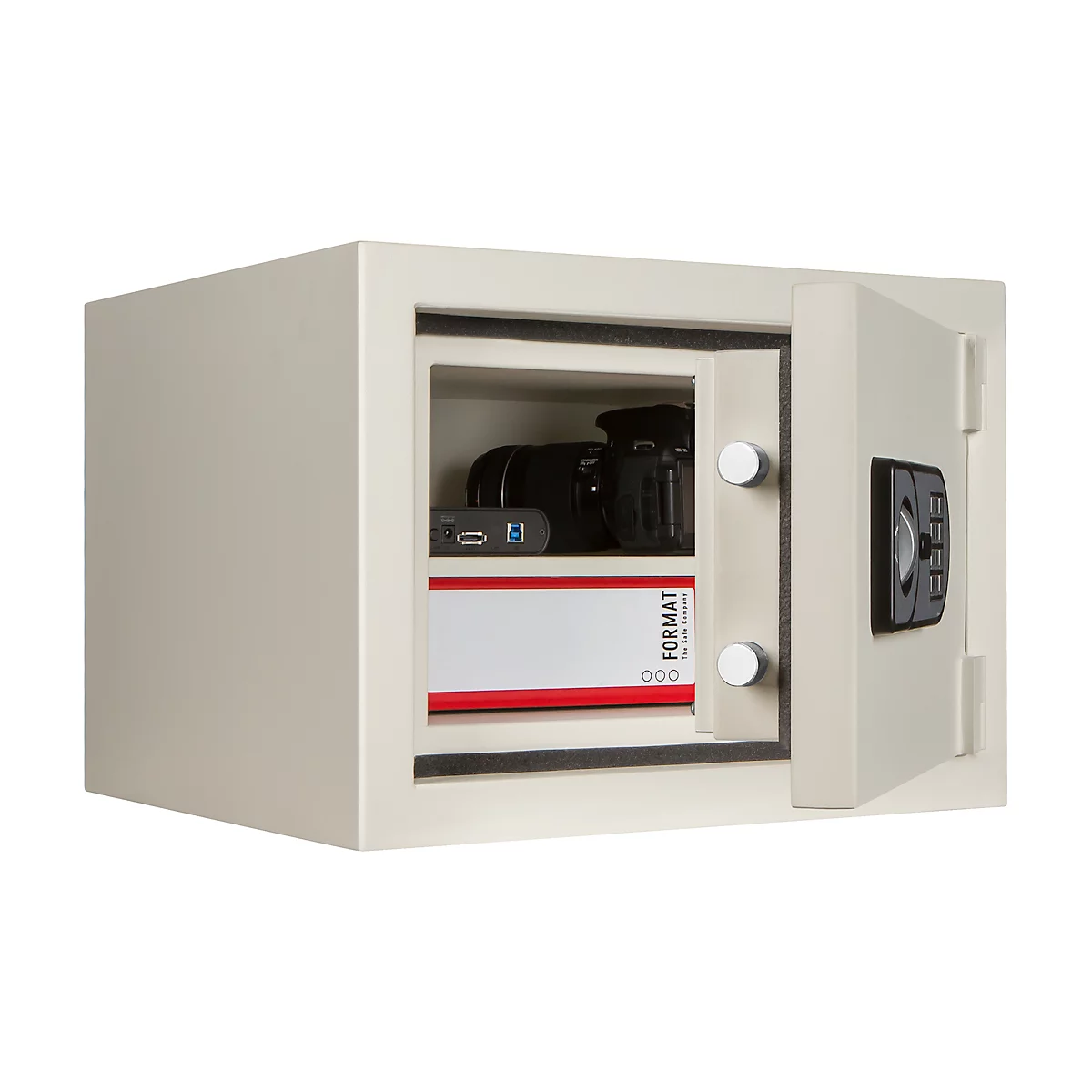 Open safe with camera, data carrier and card. The safe is beige and equipped with an electronic lock.