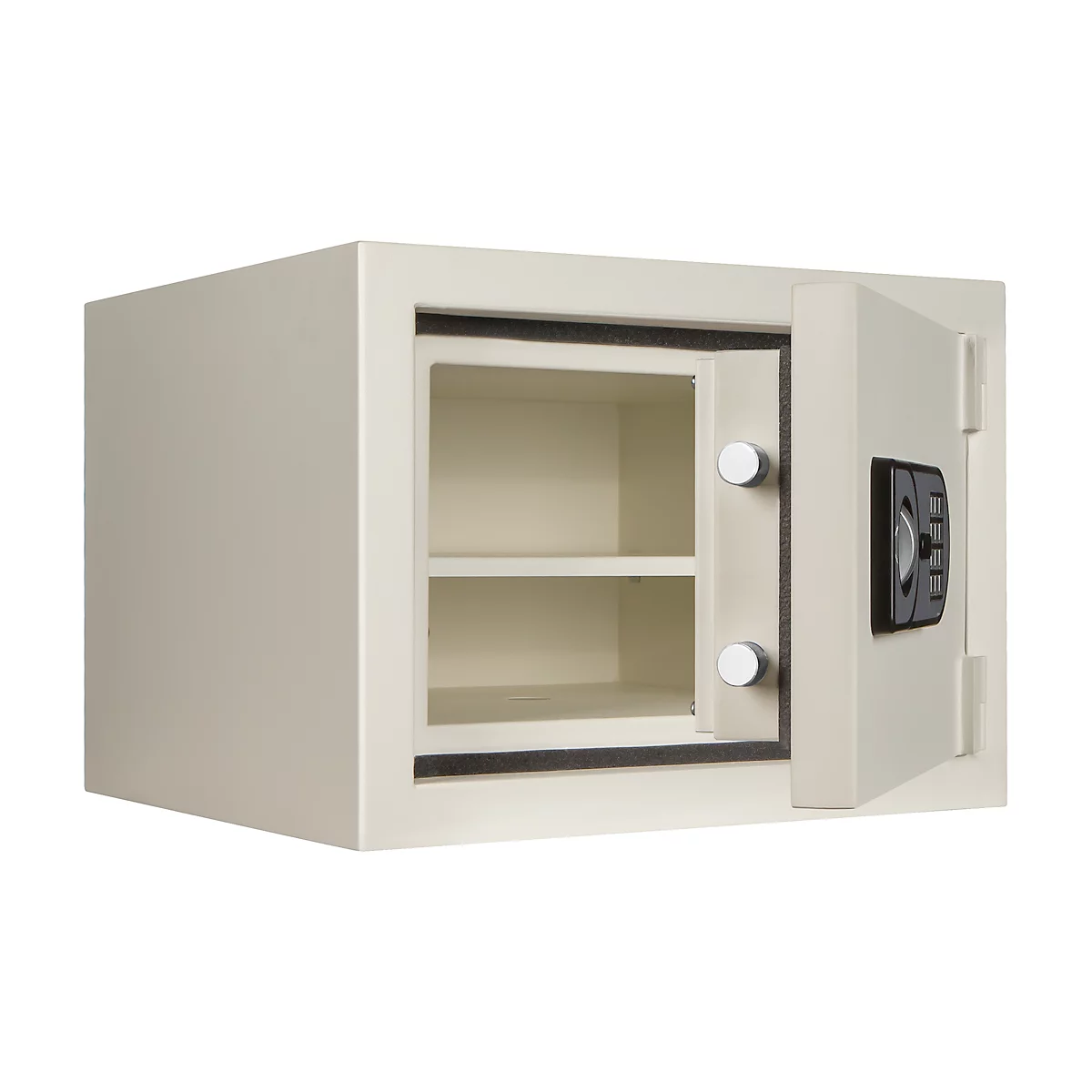 An open, beige safe with a digital lock. Two shelves inside.