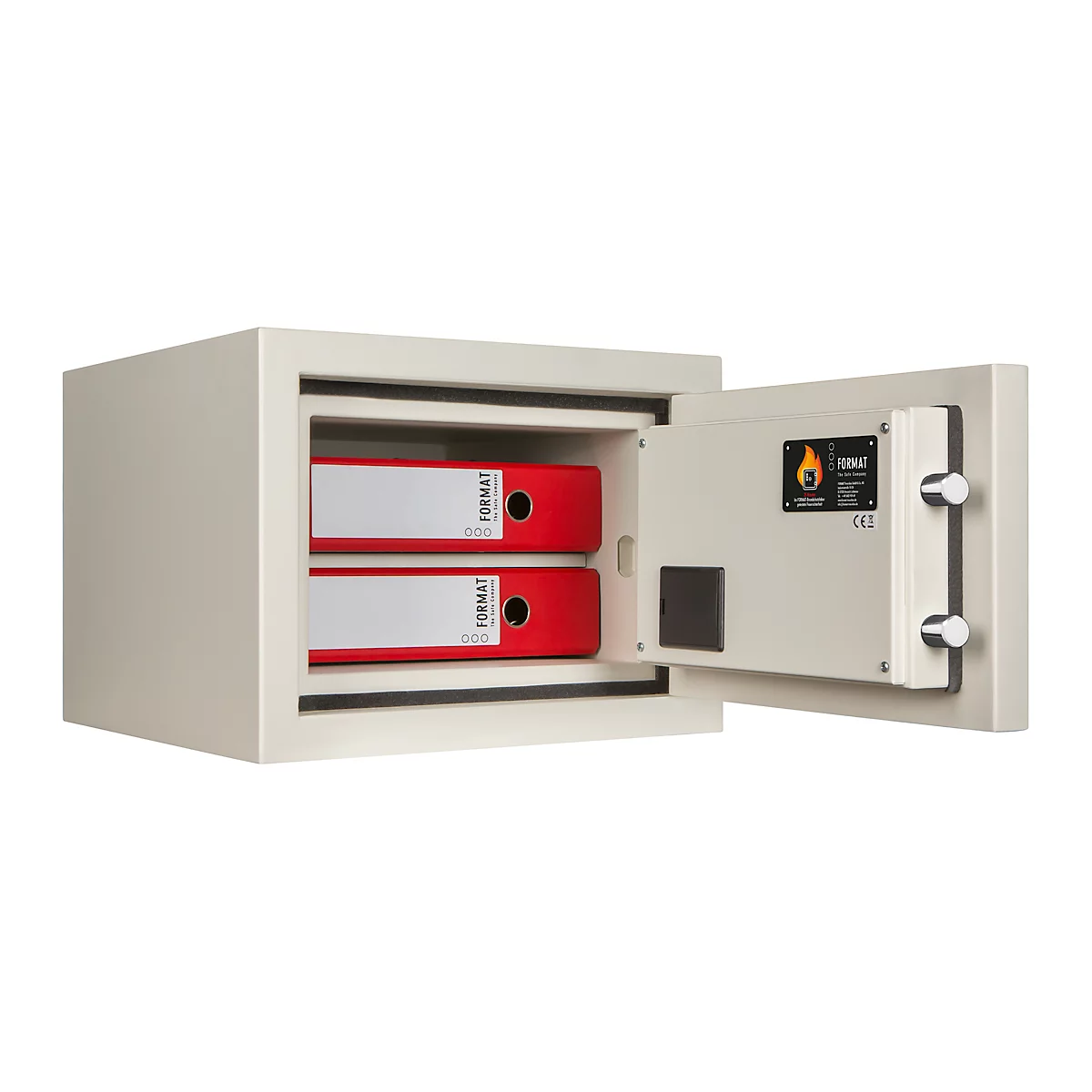 An open beige safe with two red files. The door has a logo and two knobs.