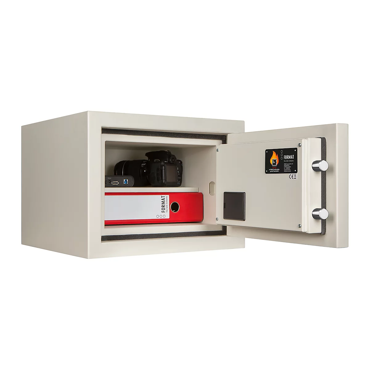 Opened beige safe door. Inside, a camera, a file folder, and an external drive are visible.
