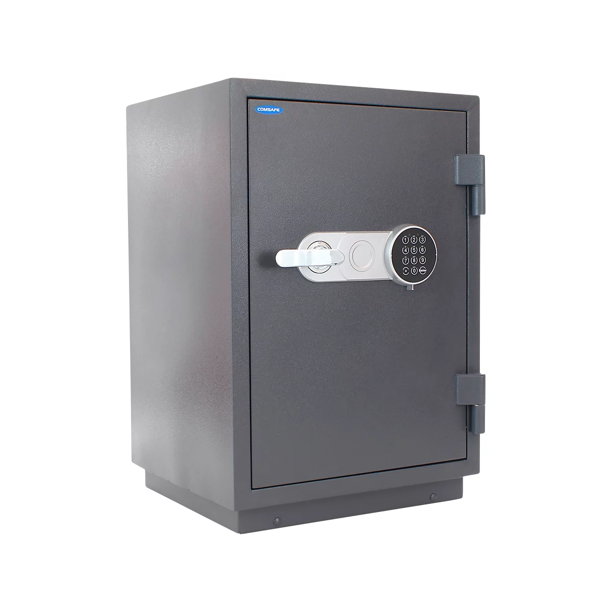 Gray safe with combination lock and key. There is a blue logo on the door. The handle is silver.