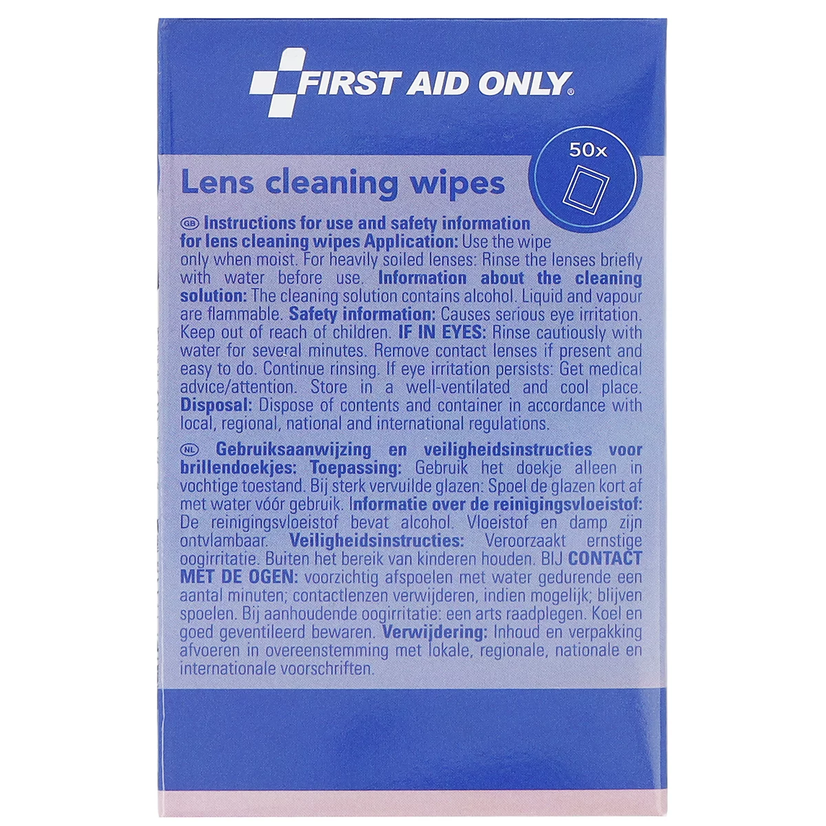 Blauwe verpakking van First Aid Only lensreinigingsdoekjes met instructies in het Engels en Nederlands.