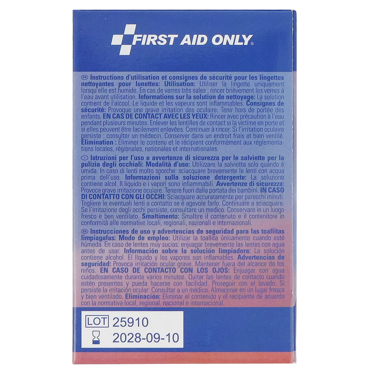 Blauwe achterkant van First Aid Only-verpakking met veiligheidsinstructies voor brillendoekjes en houdbaarheidsdatum 2028.