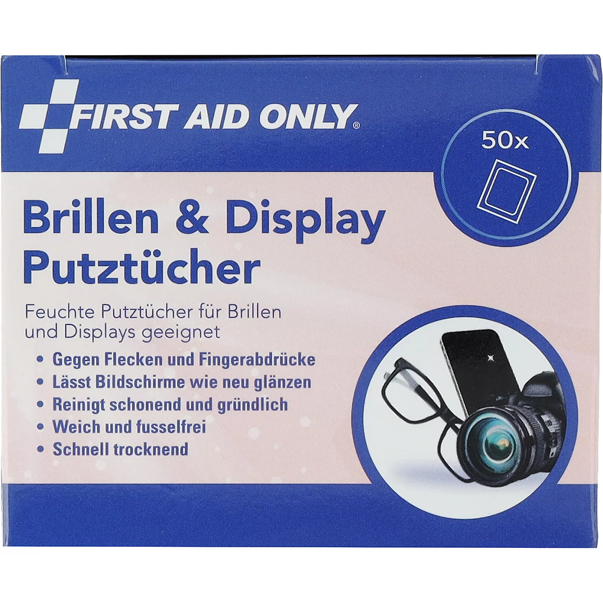 Verpakking van First Aid Only brillen- en displayreinigingsdoekjes voor 50 toepassingen met afbeelding van bril, smartphone en camera.