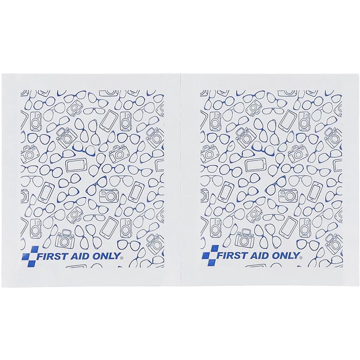 Twee witte brillendoekjes met een blauw patroon van camera's, telefoons en brillen en het First Aid Only-logo.