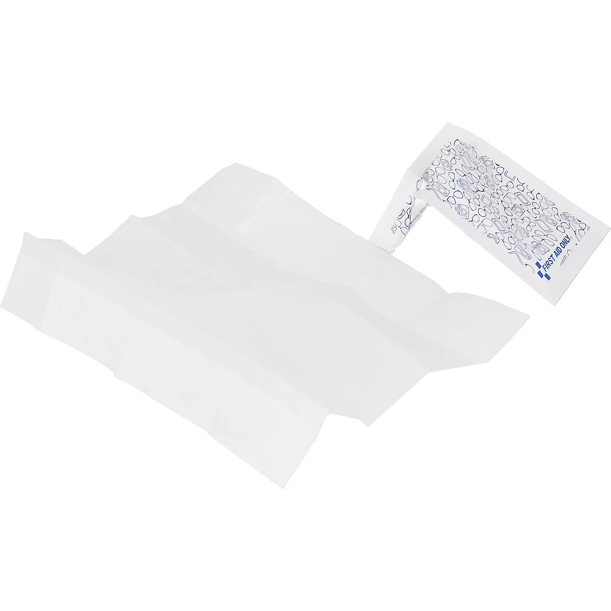 Een witte, opgevouwen verbanddoek op een witte achtergrond met een aangehecht label.