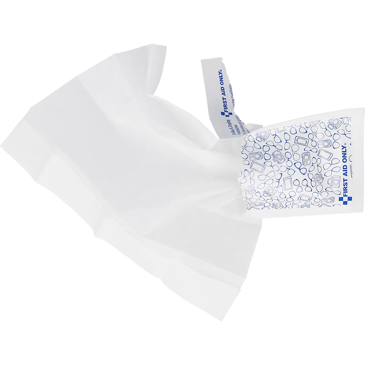 Een verkreukeld wit reinigingsdoekje met blauwe brillenprints en de tekst First Aid Only.