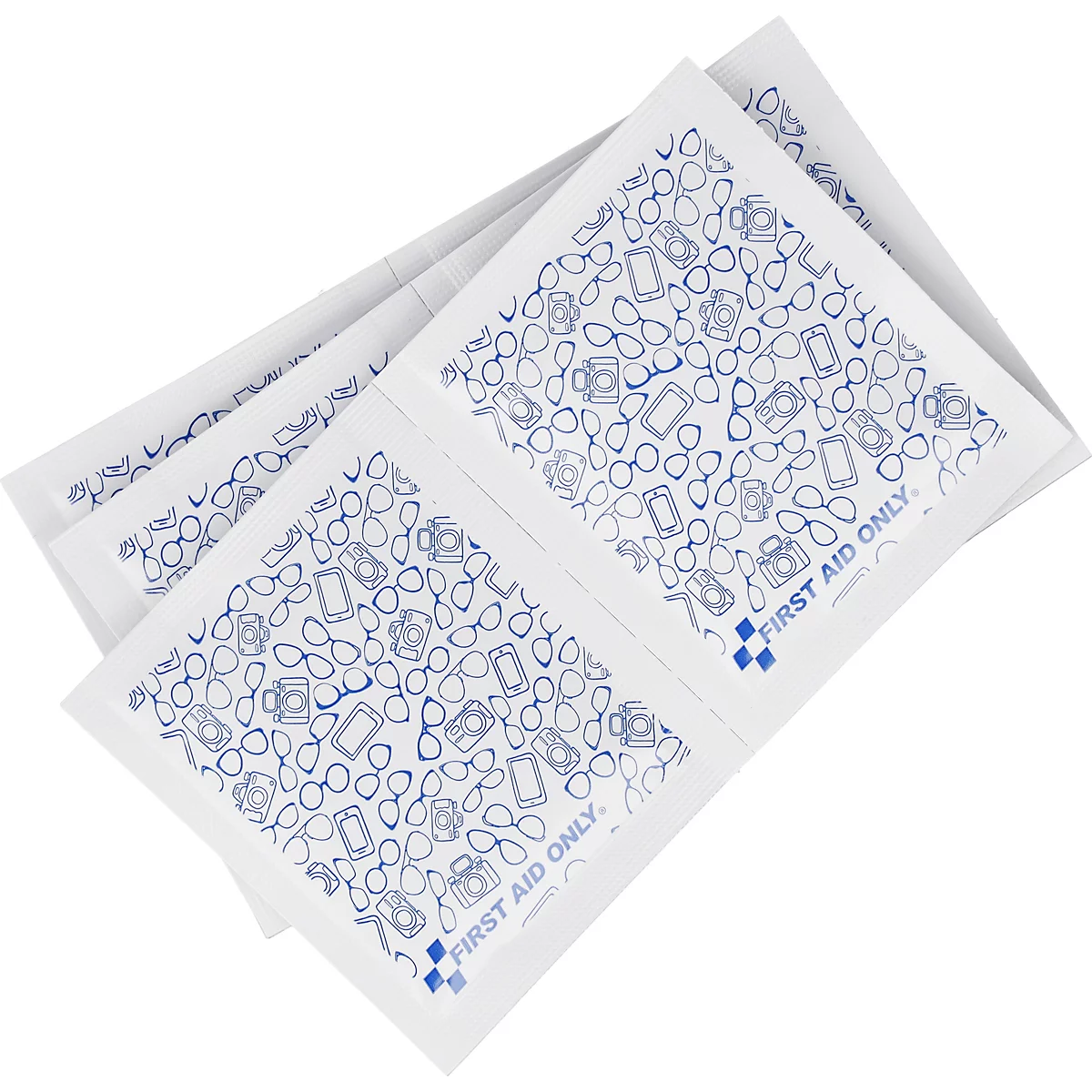 Meerdere witte brillendoekjes in vierkante verpakking met blauw patroon en de tekst First Aid Only.