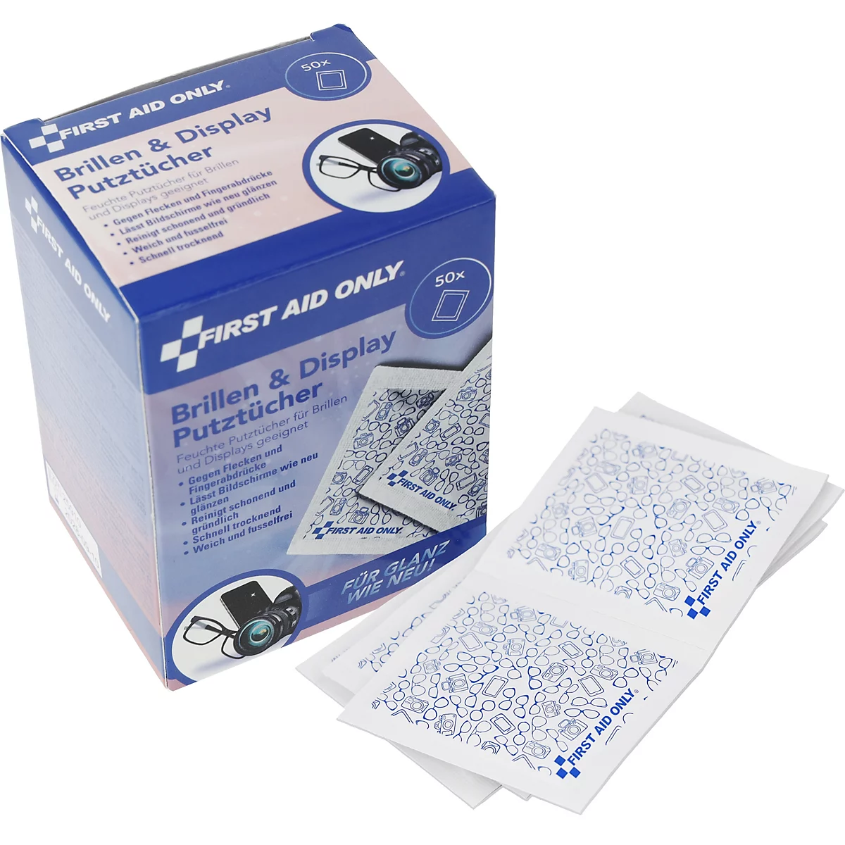 Doos met 50 First Aid Only bril- en schermreinigingsdoekjes en twee uitgepakte doekjes ernaast.