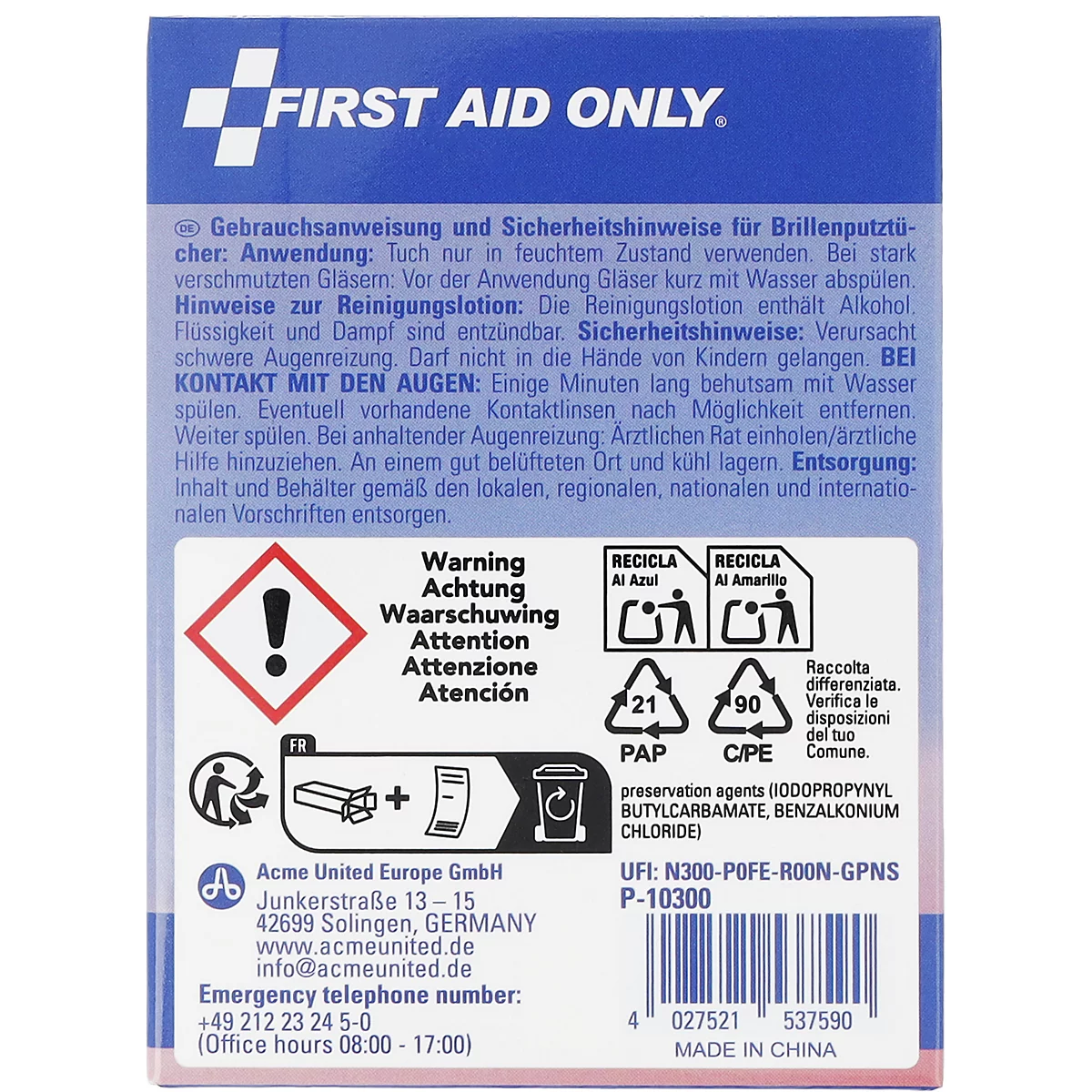 Rückseite einer First Aid Only Brillenputztuch-Verpackung mit Sicherheitshinweisen und Entsorgungssymbolen.