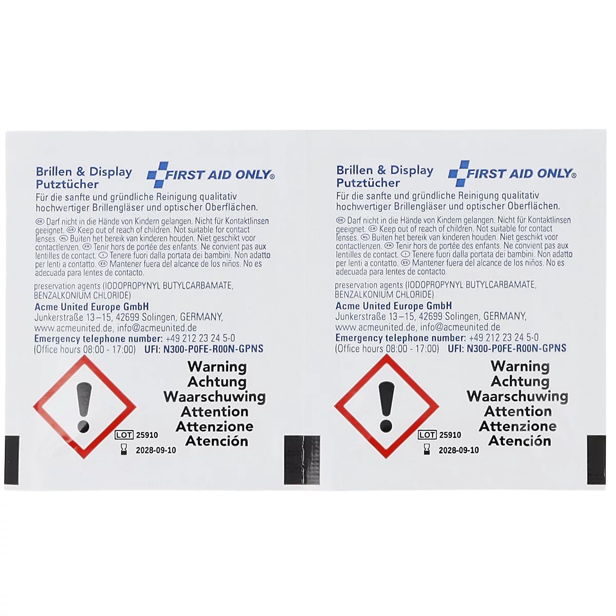 Zwei identische Packungen Brillen- und Display-Putztücher mit Warnsymbolen und Produktinformationen.