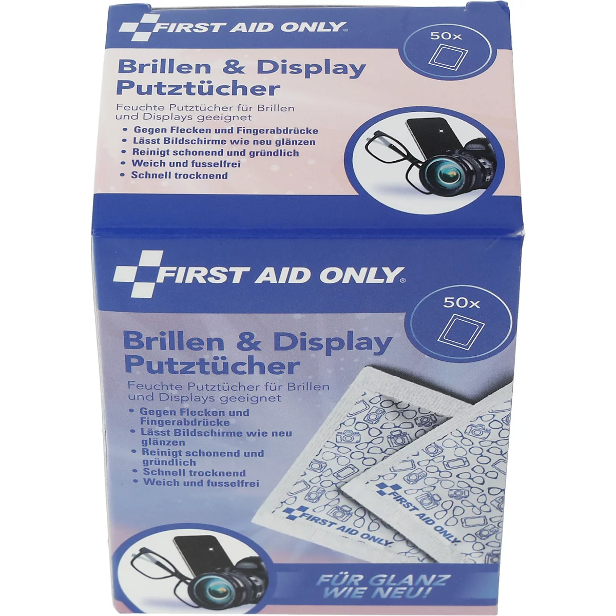 Verpackung von First Aid Only Brillen- und Display-Putztüchern mit Produktabbildungen und Beschriftung.