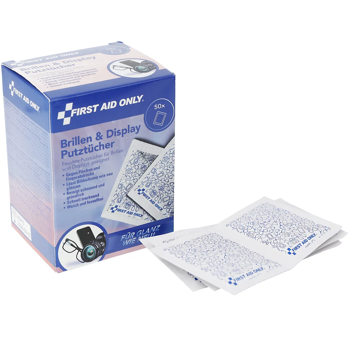 Blaue Schachtel First Aid Only mit 50 Brillen- und Display-Putztüchern sowie einzelne Tücher daneben.