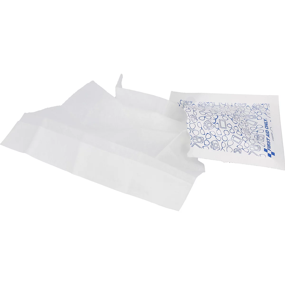 Ein weißes Reinigungstuch liegt neben einer kleinen Verpackung mit blauen Brillen-Symbolen und Aufschrift First Aid Only.