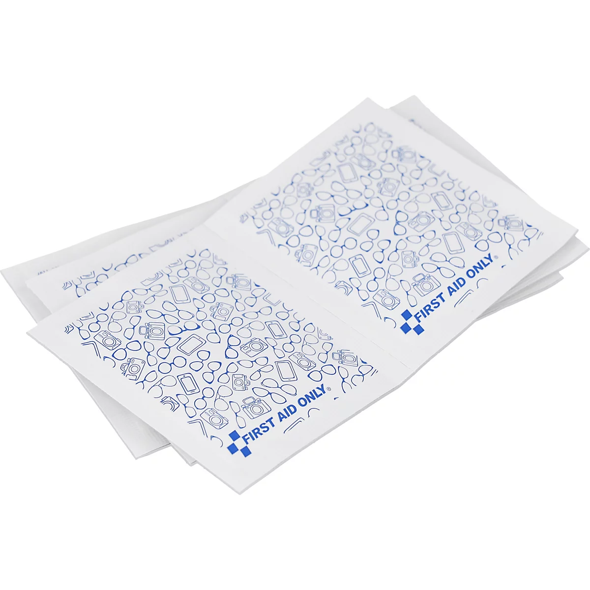 Mehrere weiße Brillenputztücher mit blauem Muster und dem Schriftzug First Aid Only.