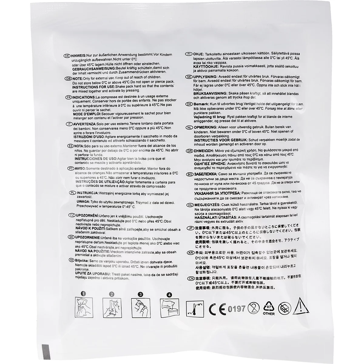 Dos d'un emballage blanc avec des avertissements multilingues, des instructions d'utilisation et des pictogrammes.
