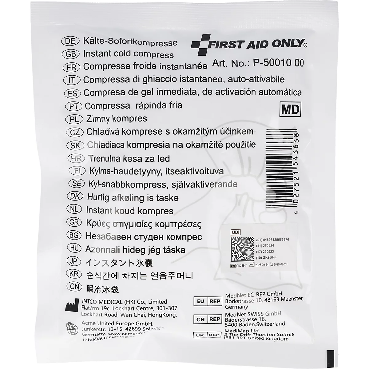 Emballage blanc d'une compresse froide instantanée First Aid Only avec texte multilingue et code-barres.