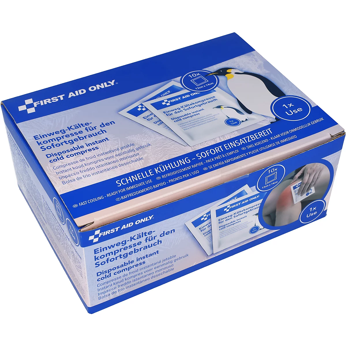 Emballage bleu et blanc d'une compresse froide jetable de First Aid Only avec une illustration de pingouin.
