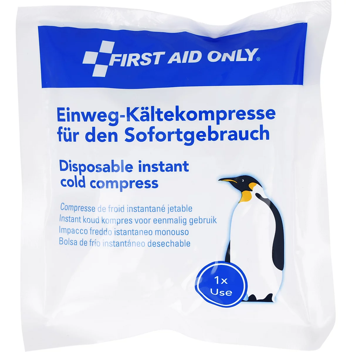 Compresse froide instantanée jetable blanche de First Aid Only avec une illustration de manchot.