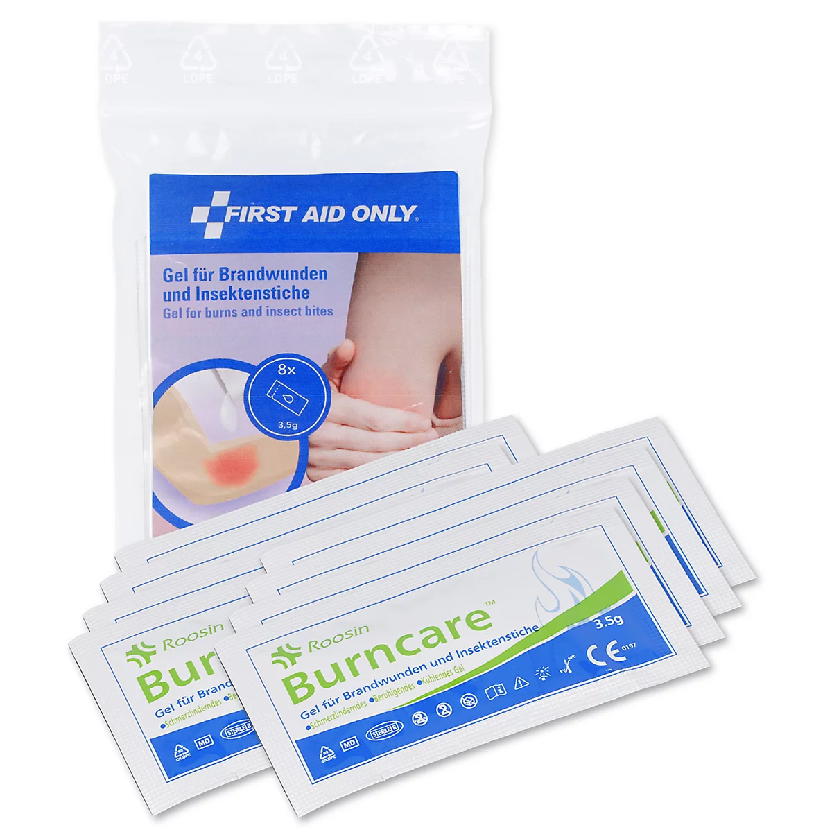First Aid Only Burncare gelverpakking voor brandwonden en insectenbeten met individuele gelzakjes.