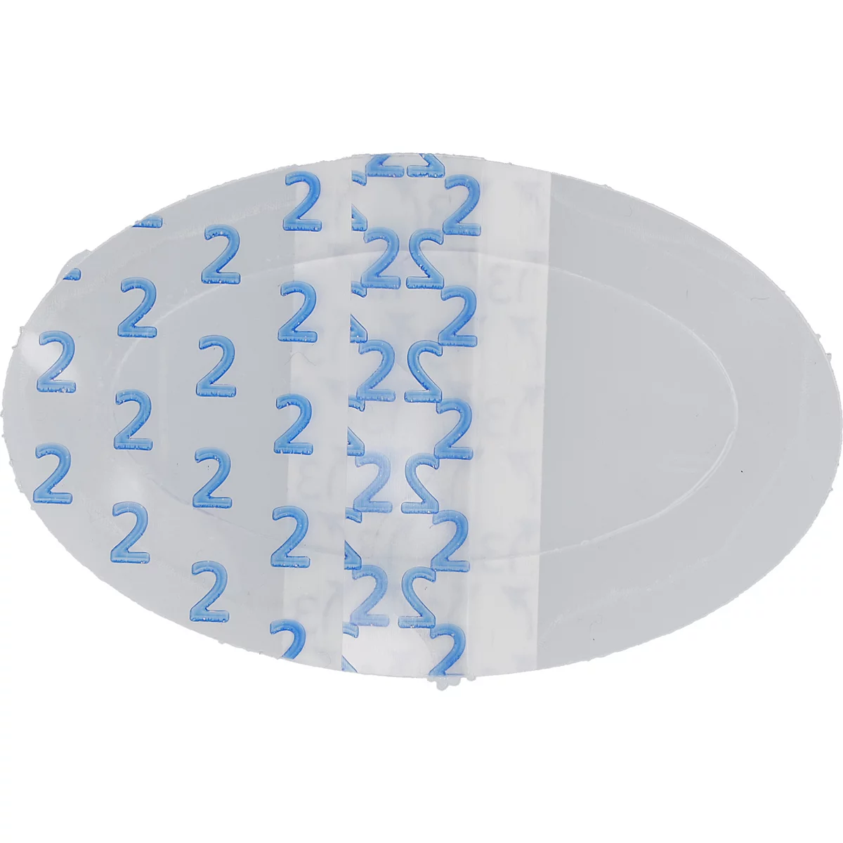 Ovale, transparente Kunststofffolie mit einem Muster aus blauen Ziffern 2 auf der linken Seite.