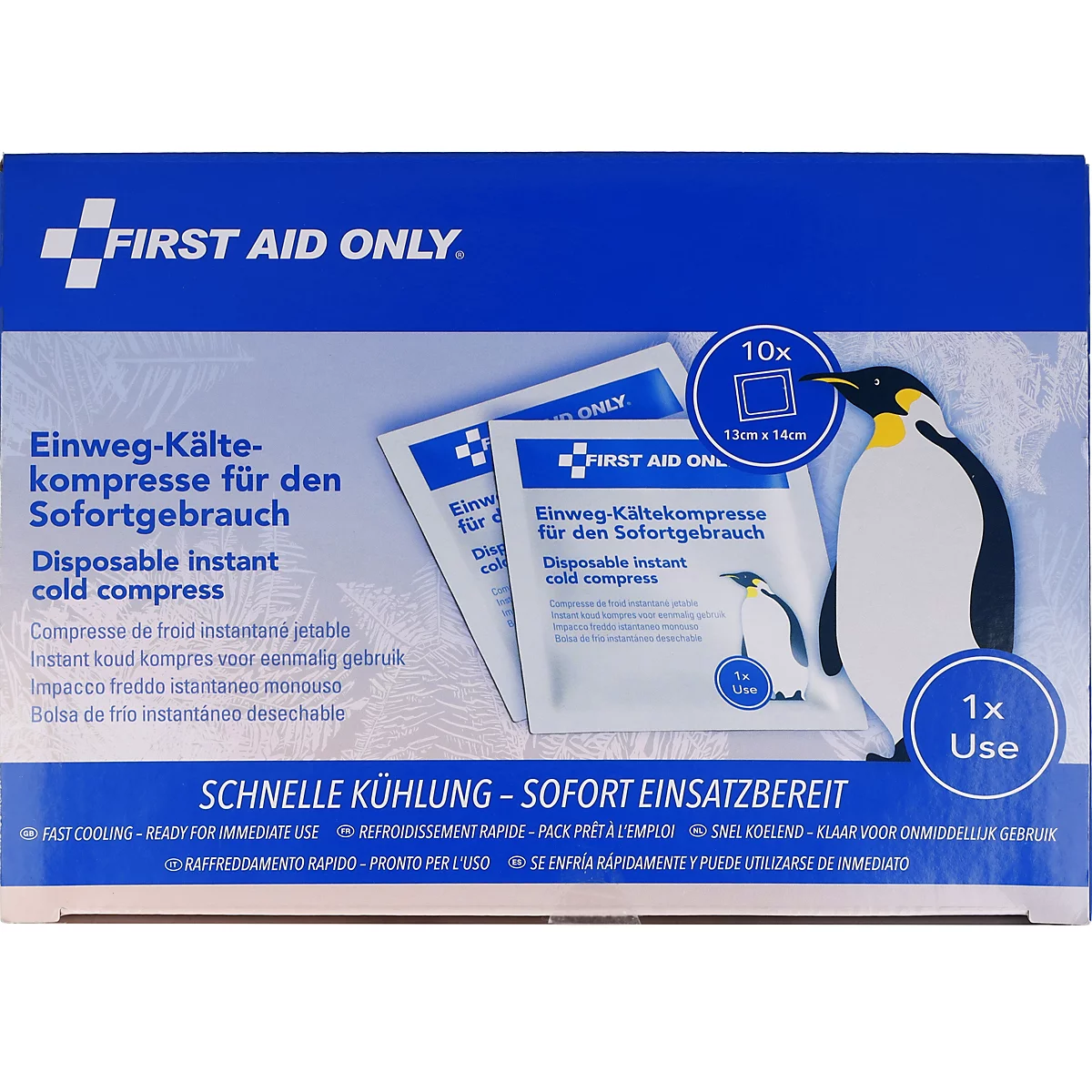Doos met 10 wegwerp-koelcompressen, blauwe verpakking met pinguïnillustratie en witte tekst.