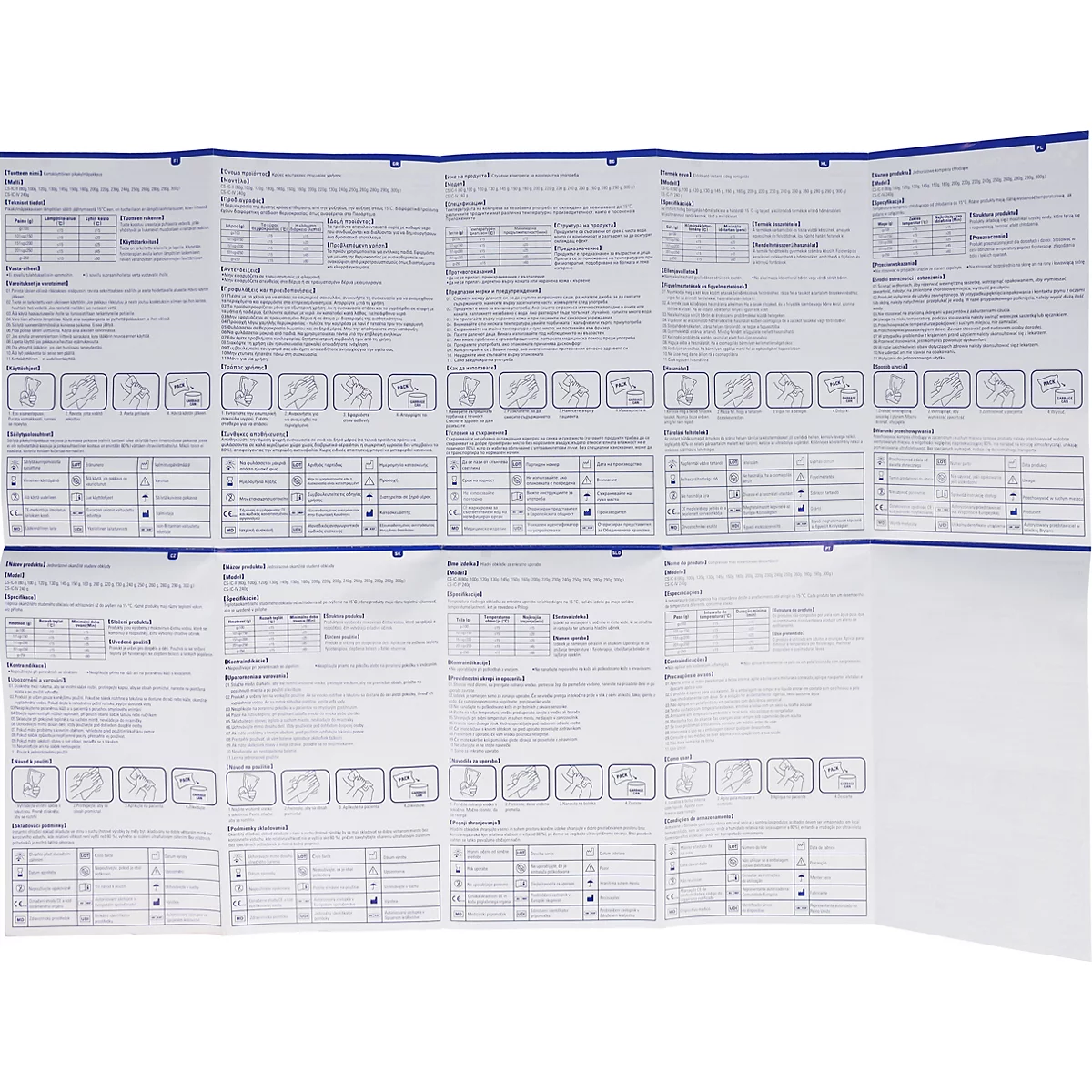 Meertalige handleiding met tabellen en pictogrammen op wit papier.