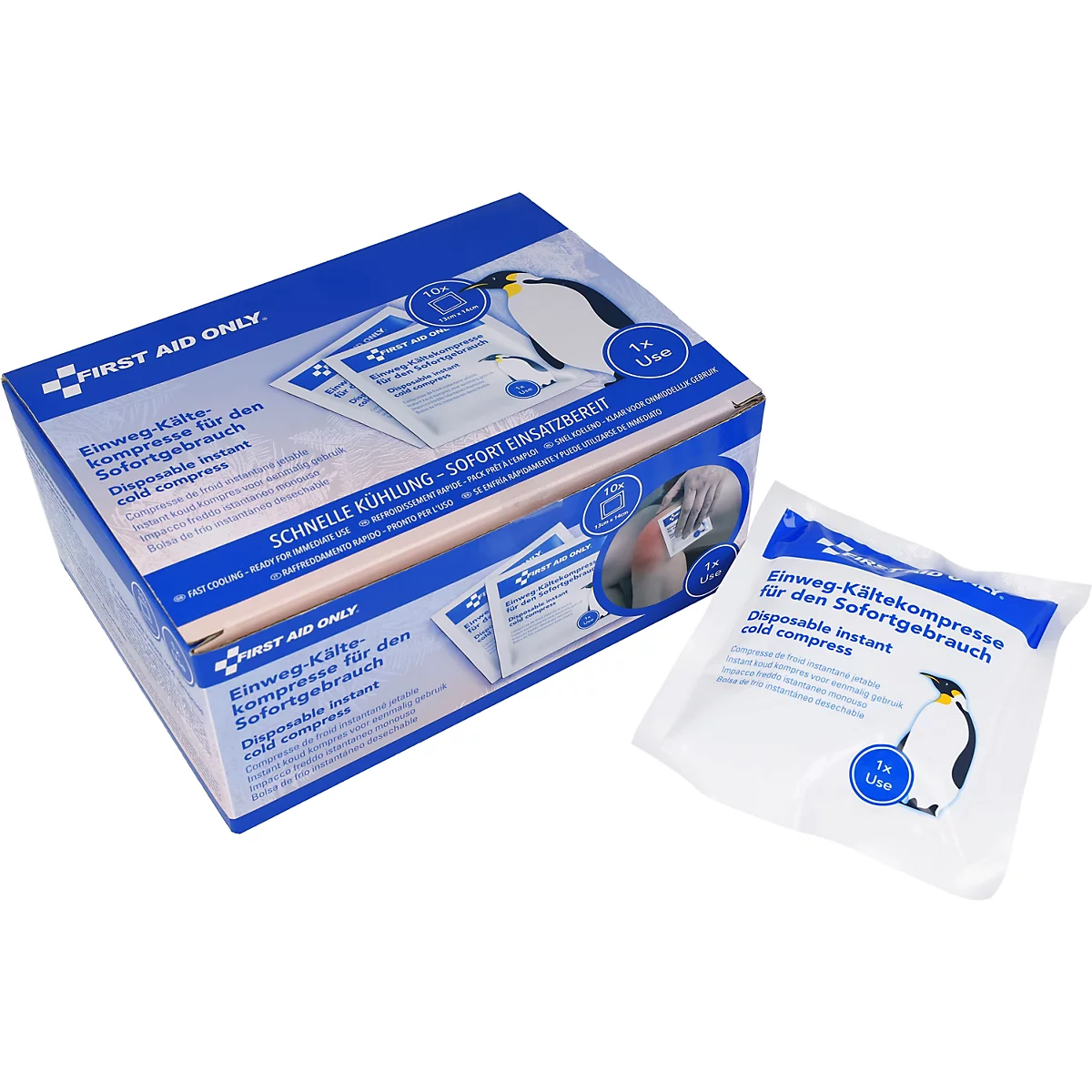 Kartonverpackung und einzelne Einweg-Kältekompresse von First Aid Only mit Pinguin-Motiv.