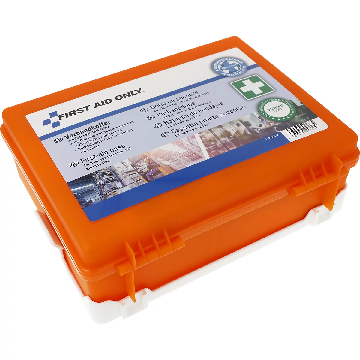 Een rechthoekige oranje verbanddoos met een wit etiket en een groen kruissymbool op een witte achtergrond.