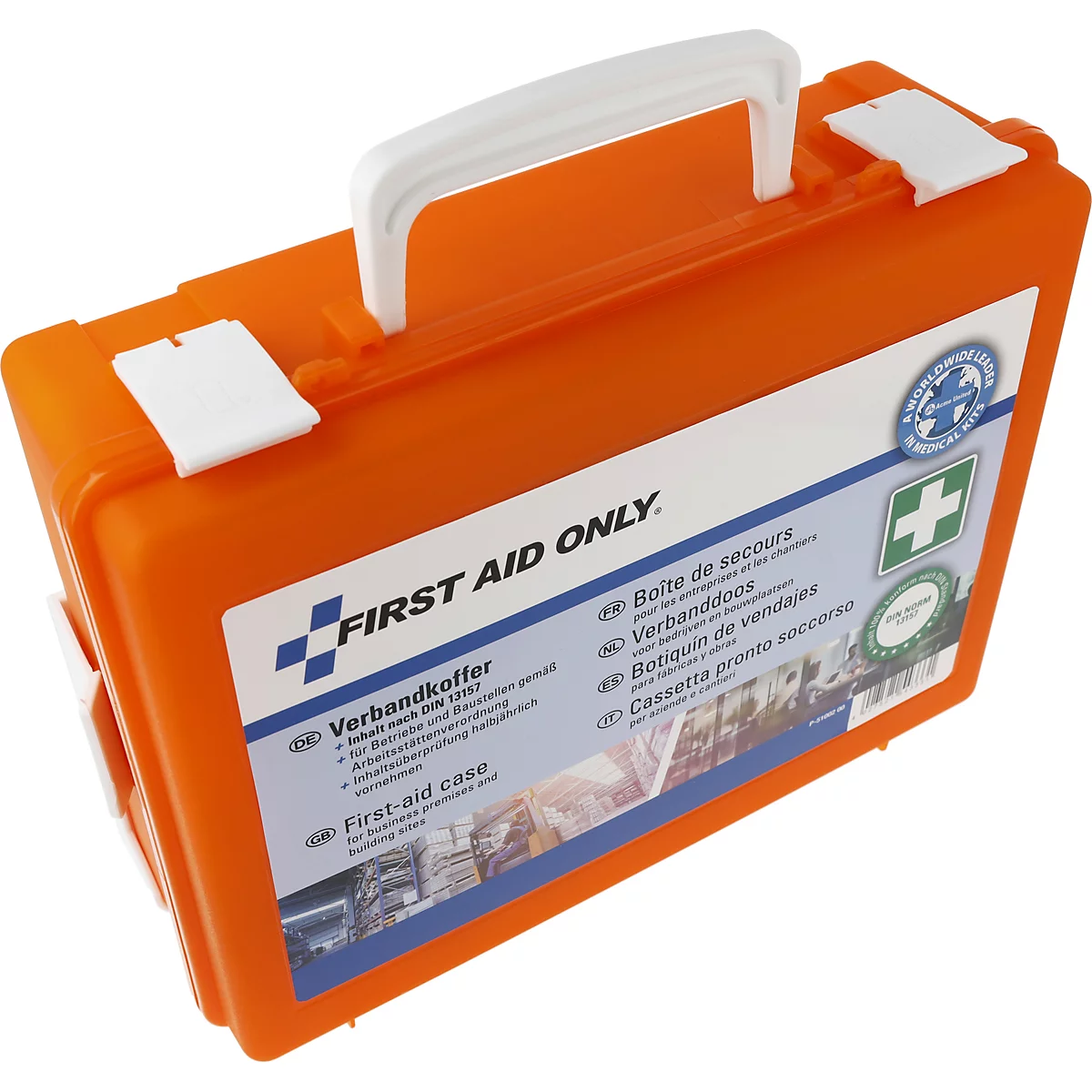 Oranje EHBO-koffer met een wit handvat en een wit etiket met medische logo's.