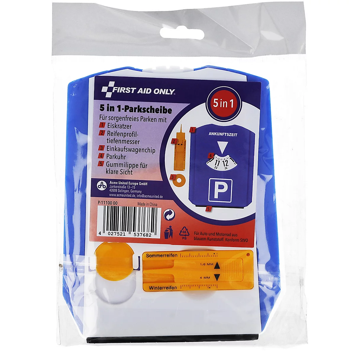 Blaue Parkscheibe in Folie, 5-in-1-Funktion mit Eiskratzer und Reifenprofilmesser. Aufdruck: FIRST AID ONLY.