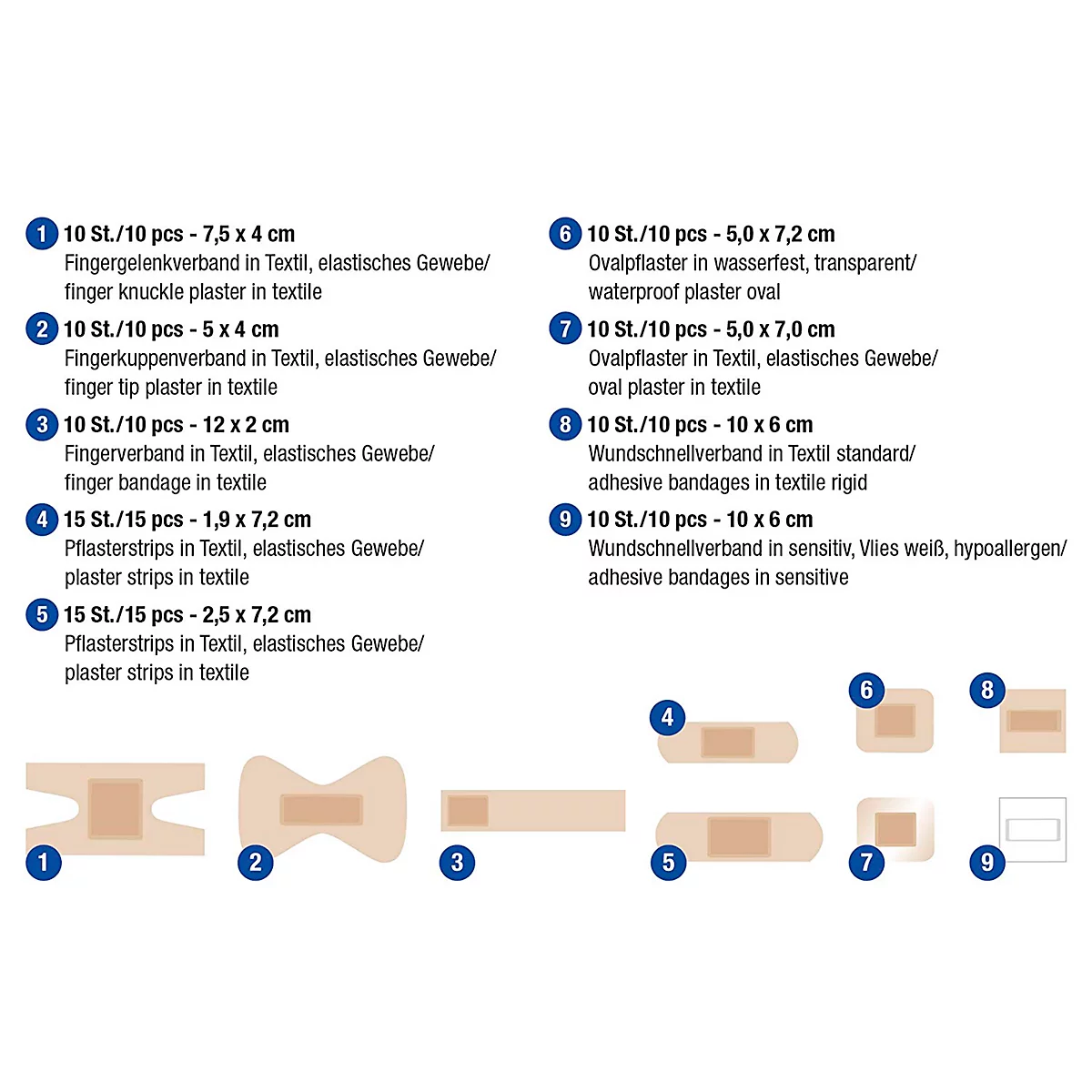 Verschillende pleisters in verschillende vormen en maten, samen met productinformatie.