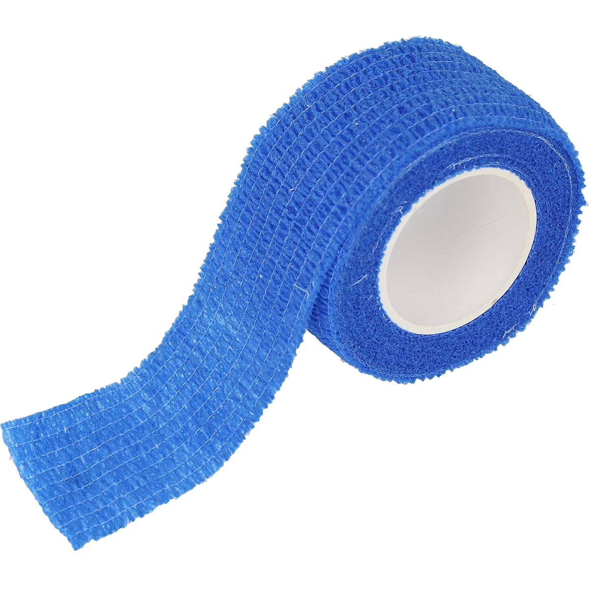 Eine Rolle blaue, selbsthaftende elastische Fixierbinde vor weißem Hintergrund.